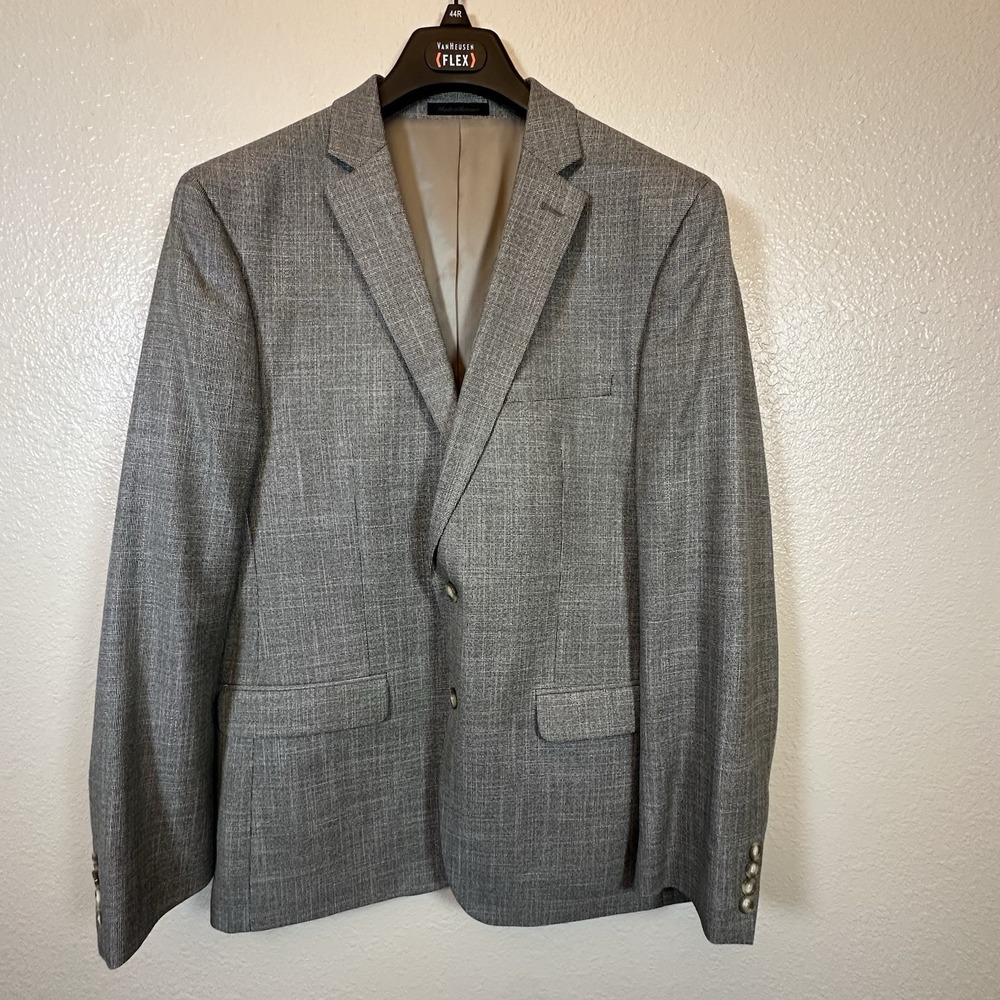 Van Heusen Flex Slim 2 Button Jacket Blazer Mens 44 R‎ Gray Black Striped EUC
